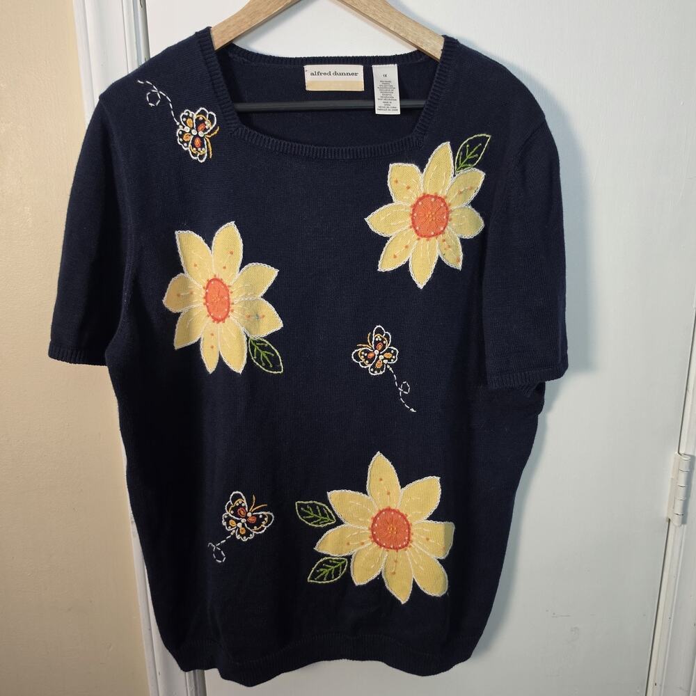 Alfred Dunner Sunflower Sweater Sz 1X Embroidered Short Sleeve Spring Pullover